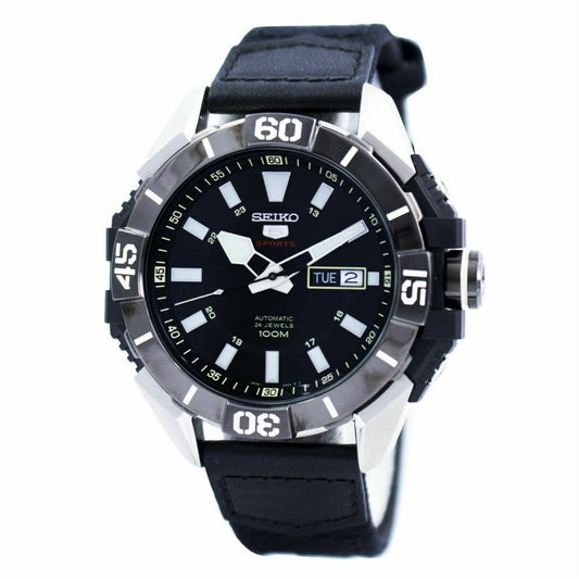 Seiko 5 Sports 100M Men's Black Dial Leather Nylon Strap Watch SRP799K1