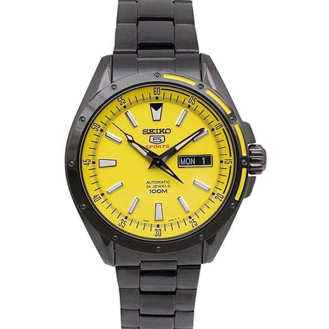 Seiko 5 Sports 100M Men's Yellow Dial Black PVD Stainless Strap Watch SRP159K1