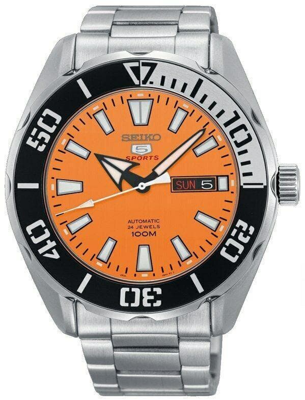 Seiko 5 Sports Japan Made 100M Orange Dial Black Bezel Men's Watch SRPC55J1