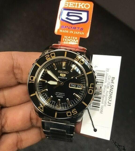 Jewelry & Watches:Watches, Parts & Accessories:Wristwatches - Seiko 5 Sports JAPAN Made Black With Gold Bezel 55 Fathoms Men's Watch SNZH57J1