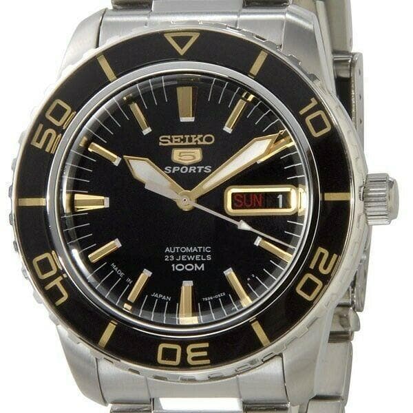 Jewelry & Watches:Watches, Parts & Accessories:Wristwatches - Seiko 5 Sports JAPAN Made Black With Gold Bezel 55 Fathoms Men's Watch SNZH57J1