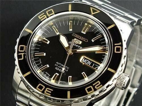 Jewelry & Watches:Watches, Parts & Accessories:Wristwatches - Seiko 5 Sports JAPAN Made Black With Gold Bezel 55 Fathoms Men's Watch SNZH57J1