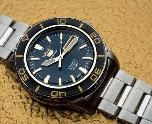 Jewelry & Watches:Watches, Parts & Accessories:Wristwatches - Seiko 5 Sports JAPAN Made Black With Gold Bezel 55 Fathoms Men's Watch SNZH57J1