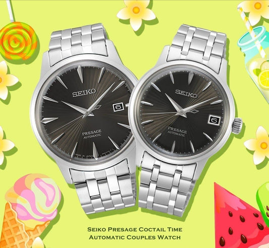 Seiko Japan Made Presage Cocktail Expresso Martini Couple's Stainless Steel Watch Set SRPE17J1 + SRP837J1