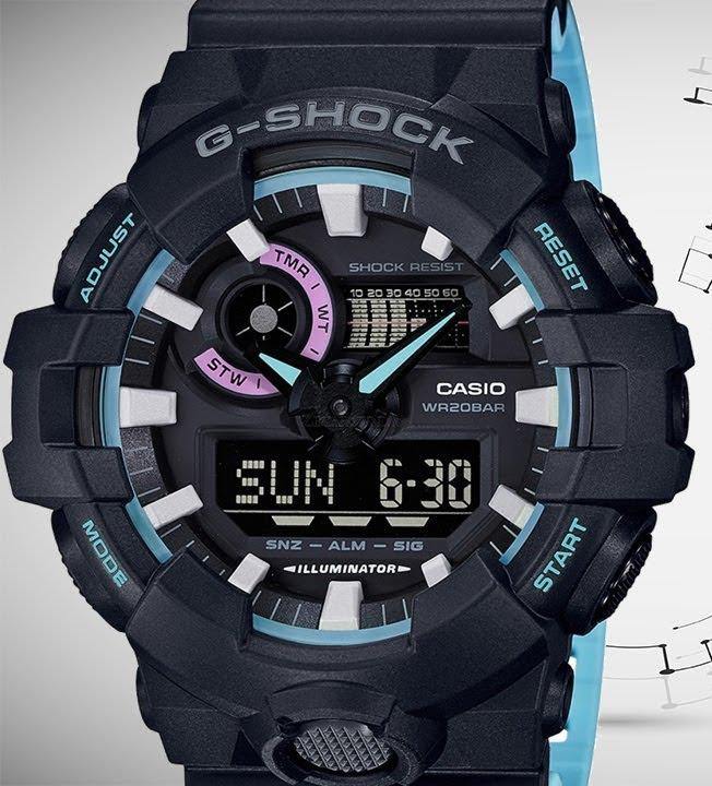 Casio G-Shock Special Color Model Black x Baby Blue x Pink Accents Watch GA700PC-1ADR - Diligence1International