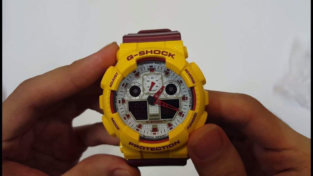 Casio G-Shock Crazy Colors Red Skins Trojans Anadigi Yellow x Maroon x White Dial Watch GA100CS-9ADR - Diligence1International