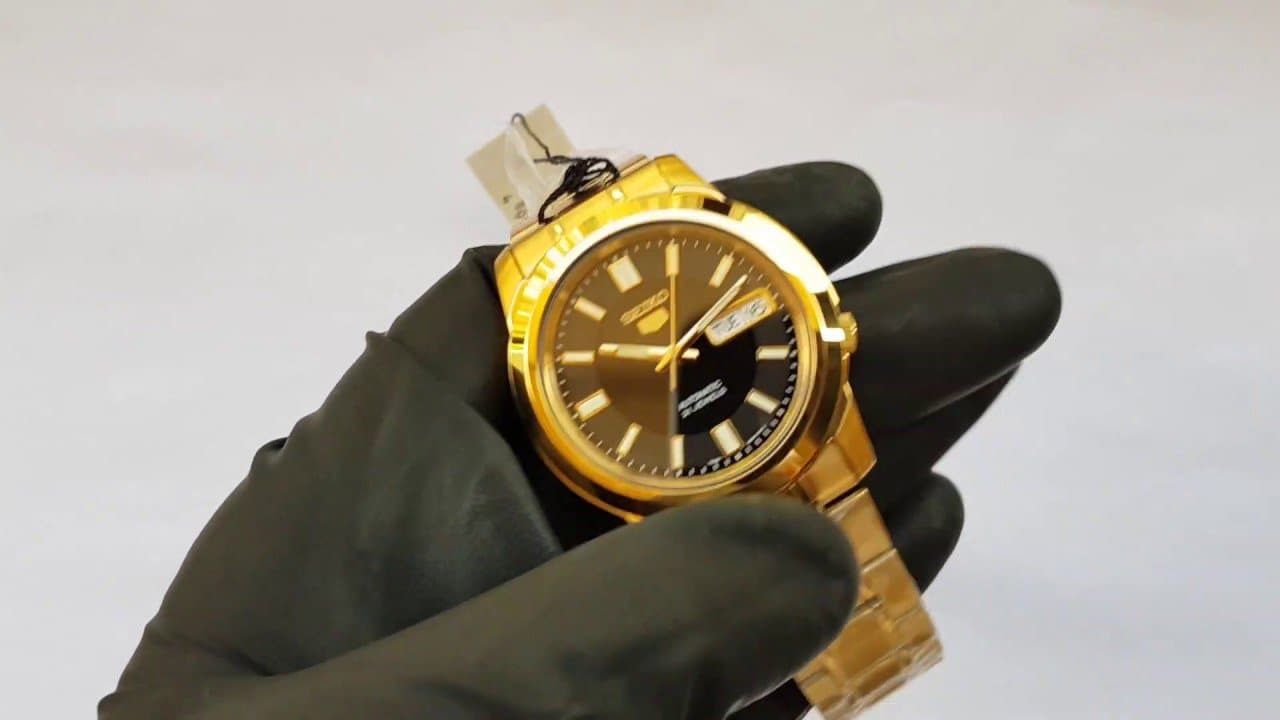 Seiko 5 Classic Mens Size Black Dial Gold Plated Stainless Steel Strap Watch SNKK22K1 - Diligence1International