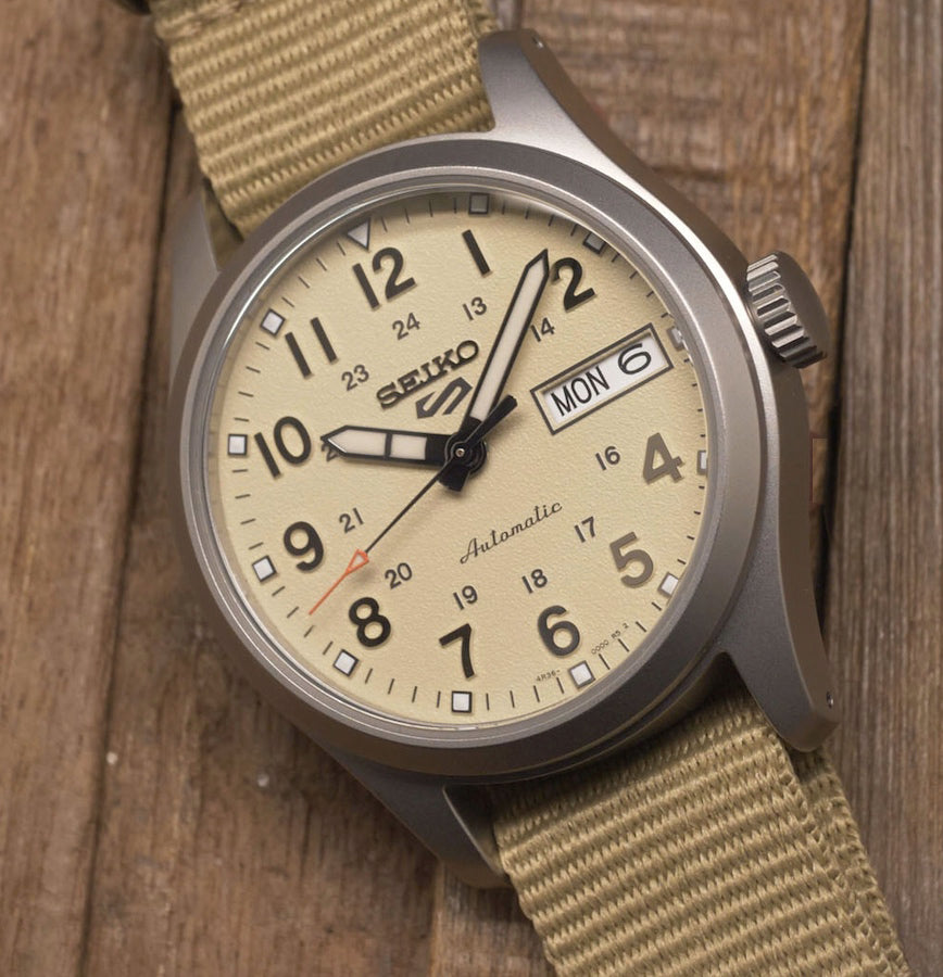 Seiko 5 100M Field Sports Style Sand Dial Automatic Nato Strap Watch SRPJ83K1