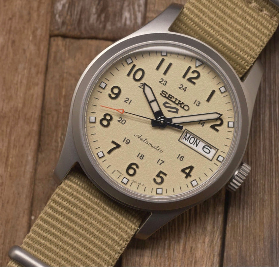 Seiko 5 100M Field Sports Style Sand Dial Automatic Nato Strap Watch SRPJ83K1