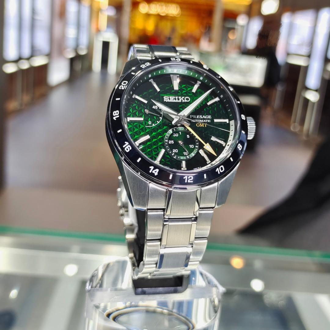 Seiko JAPAN Made Presage Sharp Edged Series Tokiwa Green GMT Men's Stainless Steel Watch SPB219J1