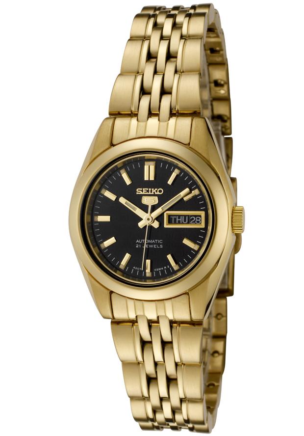 Seiko 5 Classic Ladies Size Black Dial Gold Plated Stainless Steel Strap Watch SYMA40K1 - Diligence1International