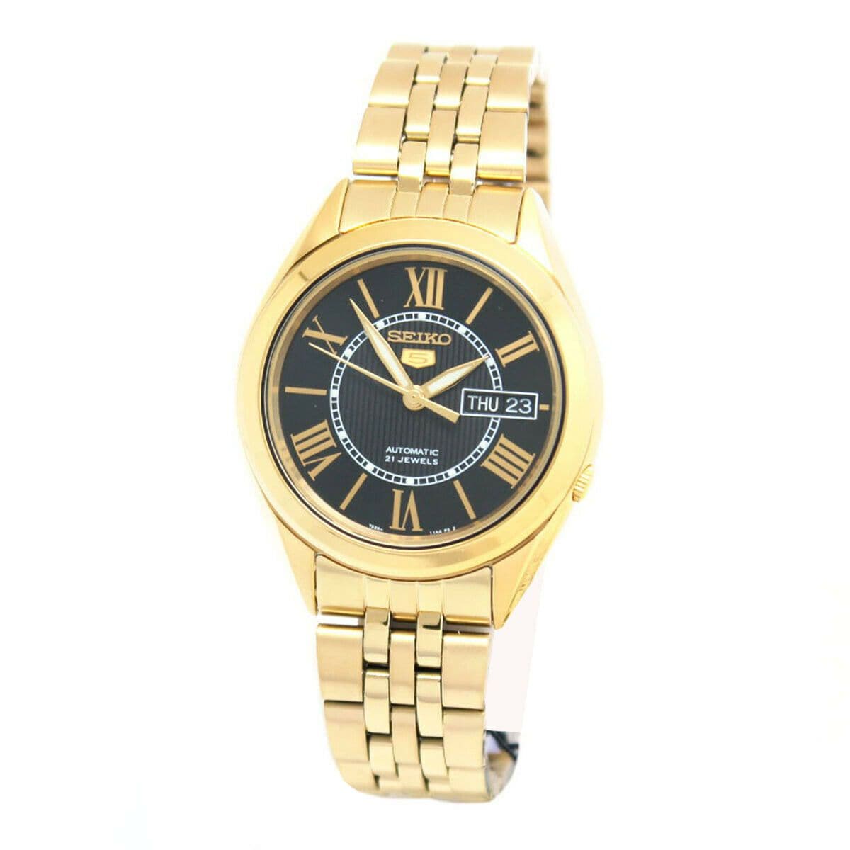 Seiko 5 Classic Mens Size Black Dial Gold Plated Stainless Steel Strap Watch SNKL40K1 - Diligence1International