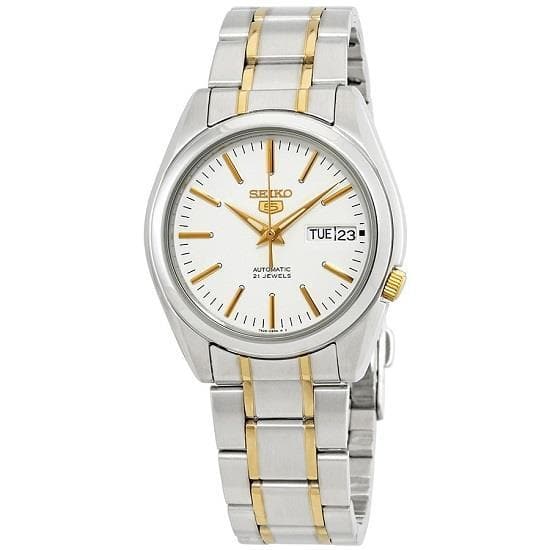 Seiko 5 Classic Mens Size White Dial 2 Tone Gold Plated Stainless Steel Strap Watch SNKL47K1 - Diligence1International
