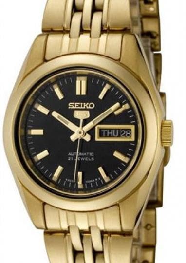 Seiko 5 Classic Ladies Size Black Dial Gold Plated Stainless Steel Strap Watch SYMA40K1 - Diligence1International