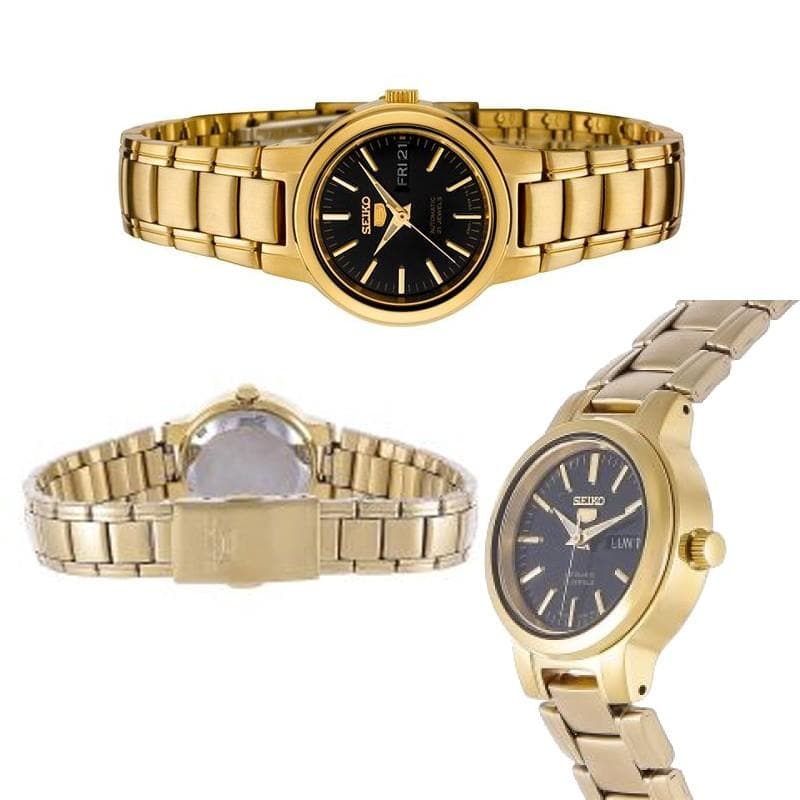 Seiko 5 Classic Ladies Size Black Dial Gold Plated Stainless Steel Strap Watch SYME48K1 - Diligence1International