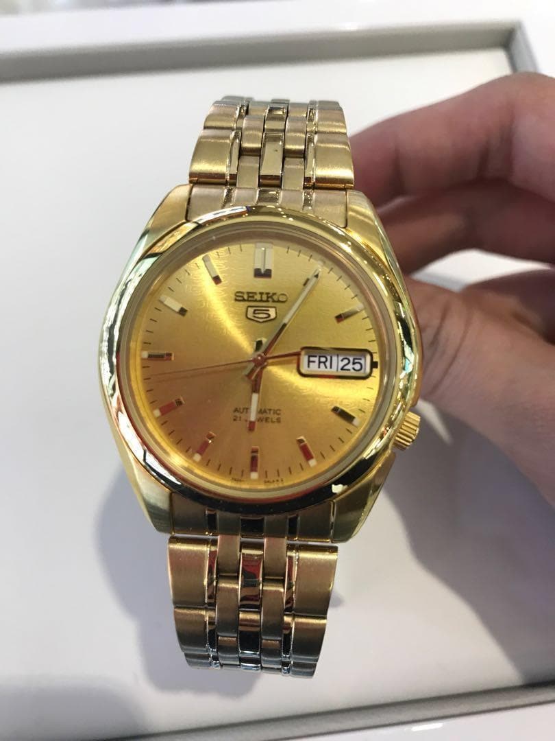 Seiko 5 Classic Mens Size Gold Dial & Plated Stainless Steel Strap Watch SNK366K1 - Diligence1International