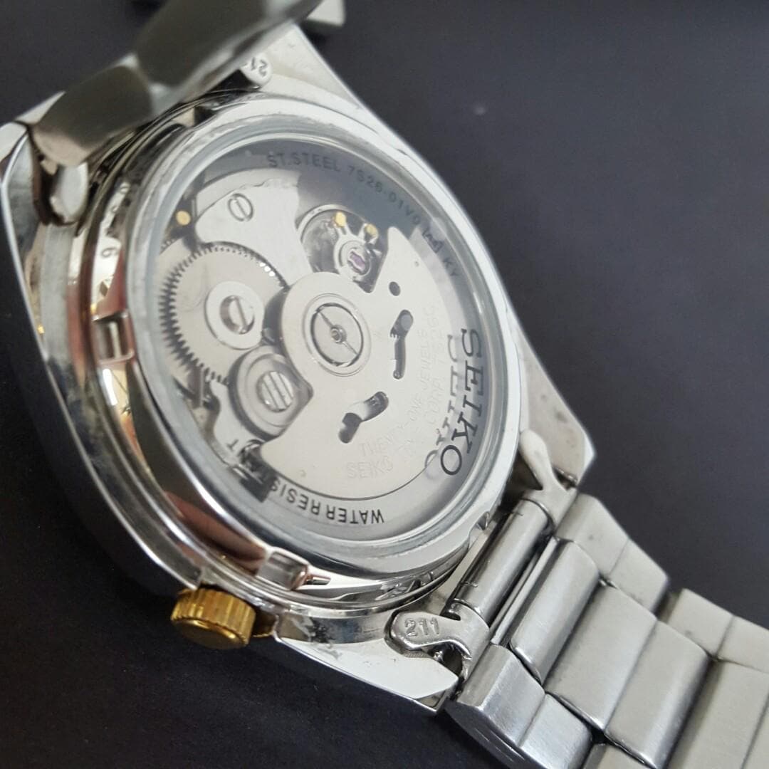 Seiko 5 Classic Mens Size White Dial 2 Tone Gold Plated Stainless Steel Strap Watch SNKL47K1 - Diligence1International