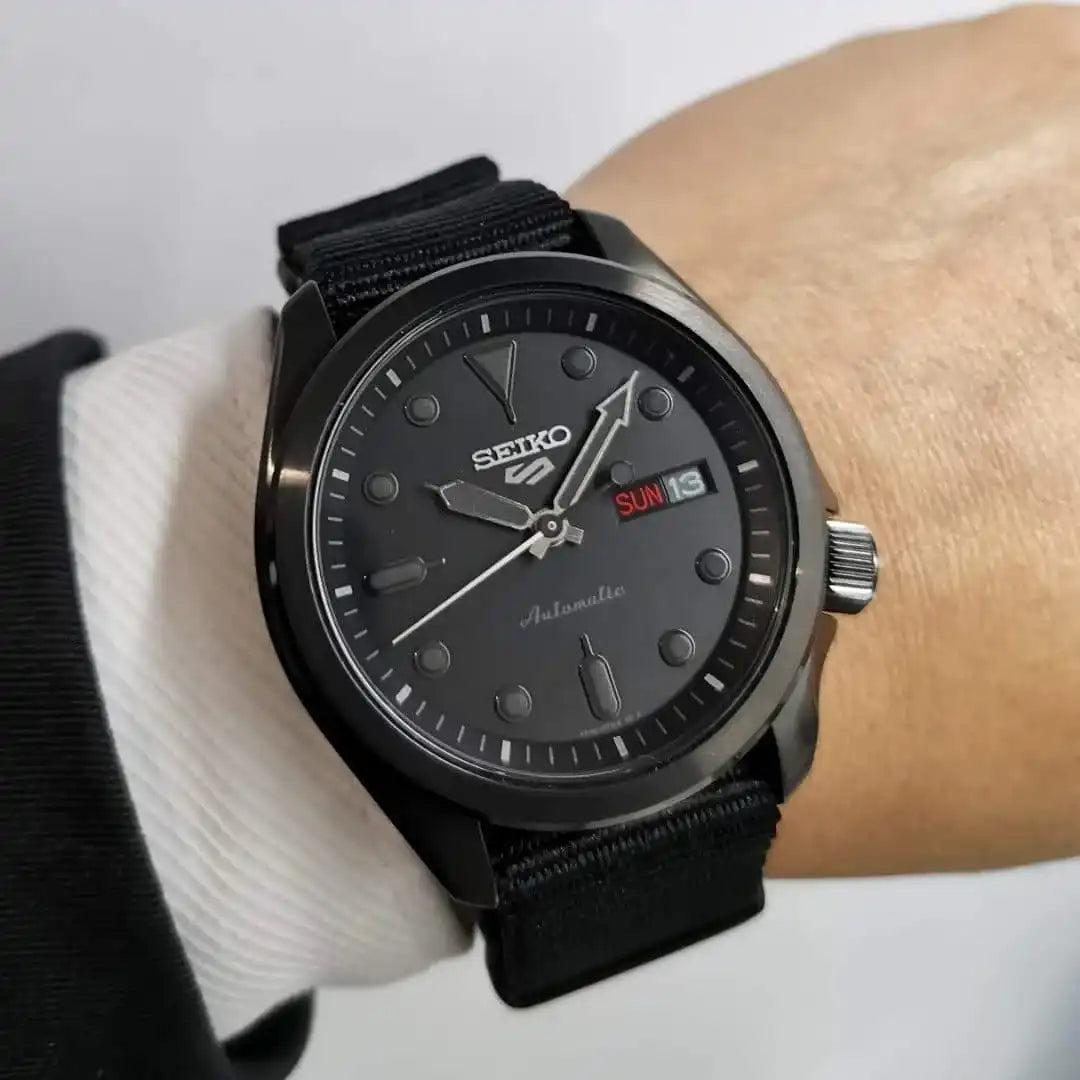NEW Seiko 5 Sports 100M Automatic Men's Watch Stealth ALL BLACK Nylon Strap SRPE69K1 - Diligence1International