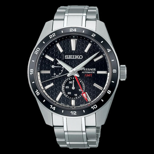Seiko Japan Made Presage Sharp Edged Series Sumi-Iro Black GMT Men's Stainless Steel Watch SPB221J1