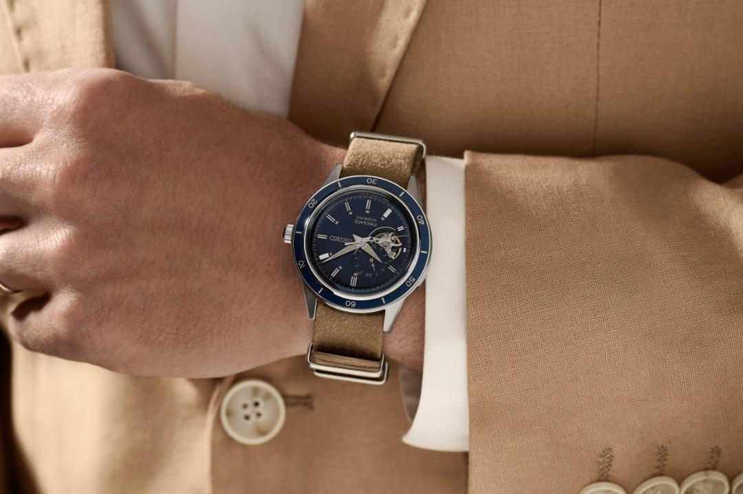 Seiko Presage Style 60 Blue Men's Brown Denim Leather Strap Watch w/ Power Reserve Indicator SSA453J1