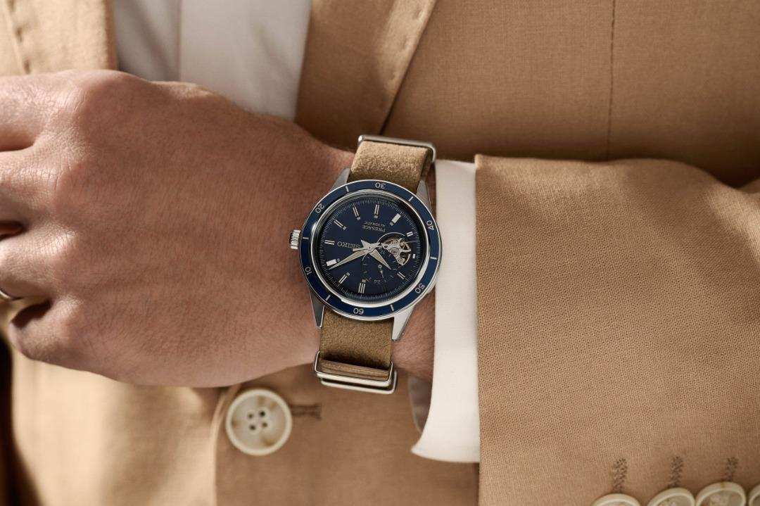 Seiko Presage Style 60 Blue Men's Brown Denim Leather Strap Watch w/ Power Reserve Indicator SSA453J1