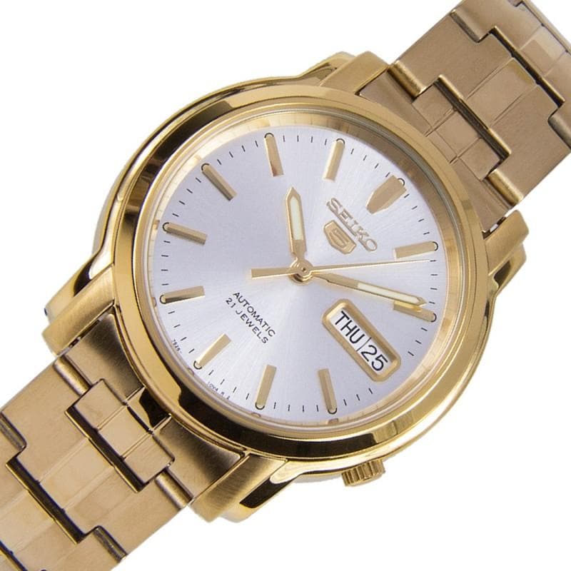 Seiko 5 Classic Mens Size Silver Dial Gold Plated Stainless Steel Strap Watch SNKK74K1 - Diligence1International