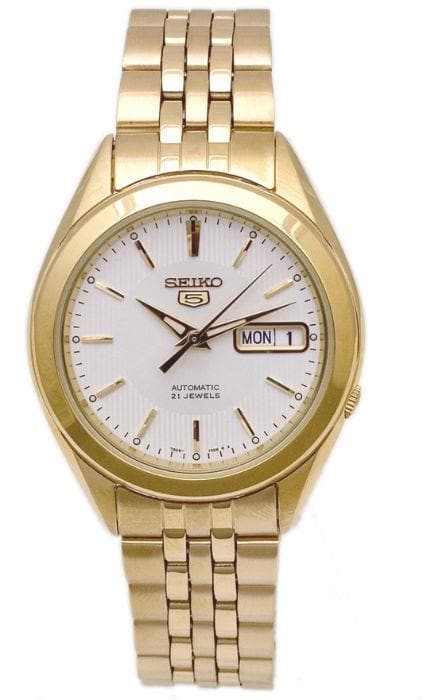 Seiko 5 Classic Mens Size White Dial Gold Plated Stainless Steel Strap Watch SNKL26K1 - Diligence1International
