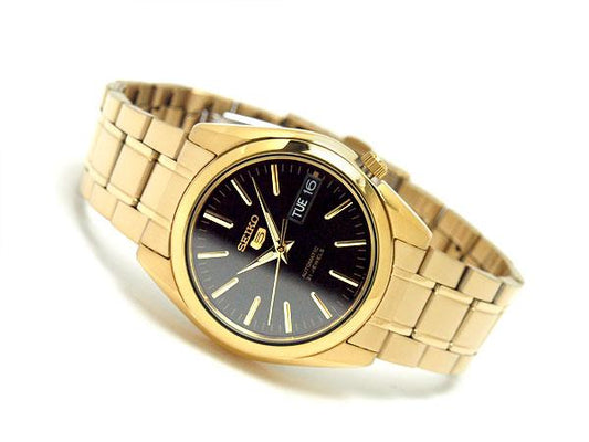 Seiko 5 Classic Mens Size Black Dial Gold Plated Stainless Steel Strap Watch SNKL50K1 - Diligence1International