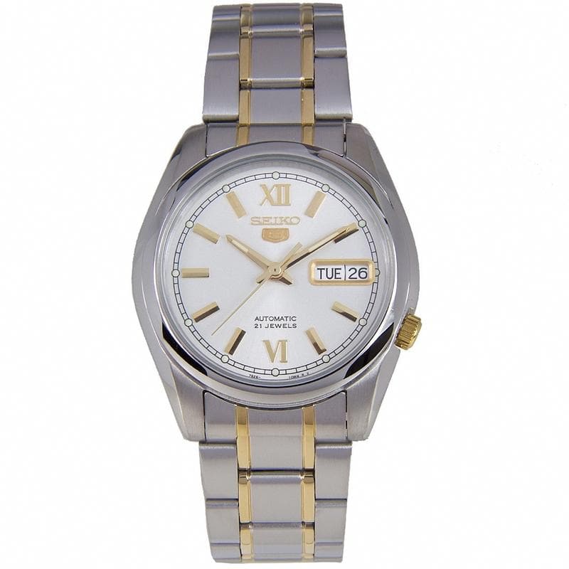Seiko 5 Classic Mens Size Silver Dial 2 Tone Gold Plated Stainless Steel Strap Watch SNKL57K1 - Diligence1International