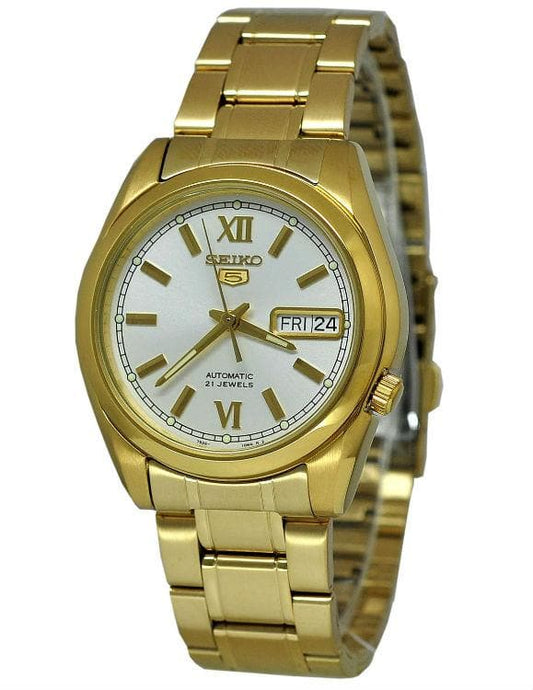 Seiko 5 Classic Mens Size White Dial Gold Plated Stainless Steel Strap Watch SNKL58K1 - Diligence1International