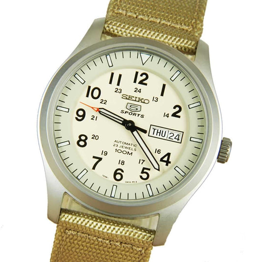 Seiko 5 Sports Military 100M Automatic Men's Watch Creme Tan Canvas Nylon Strap SNZG07K1 - Diligence1International