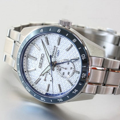 Seiko Presage Sharp Edged Series Limited Edition Asanoha White GMT Men's Stainless Steel Watch SPB223J1