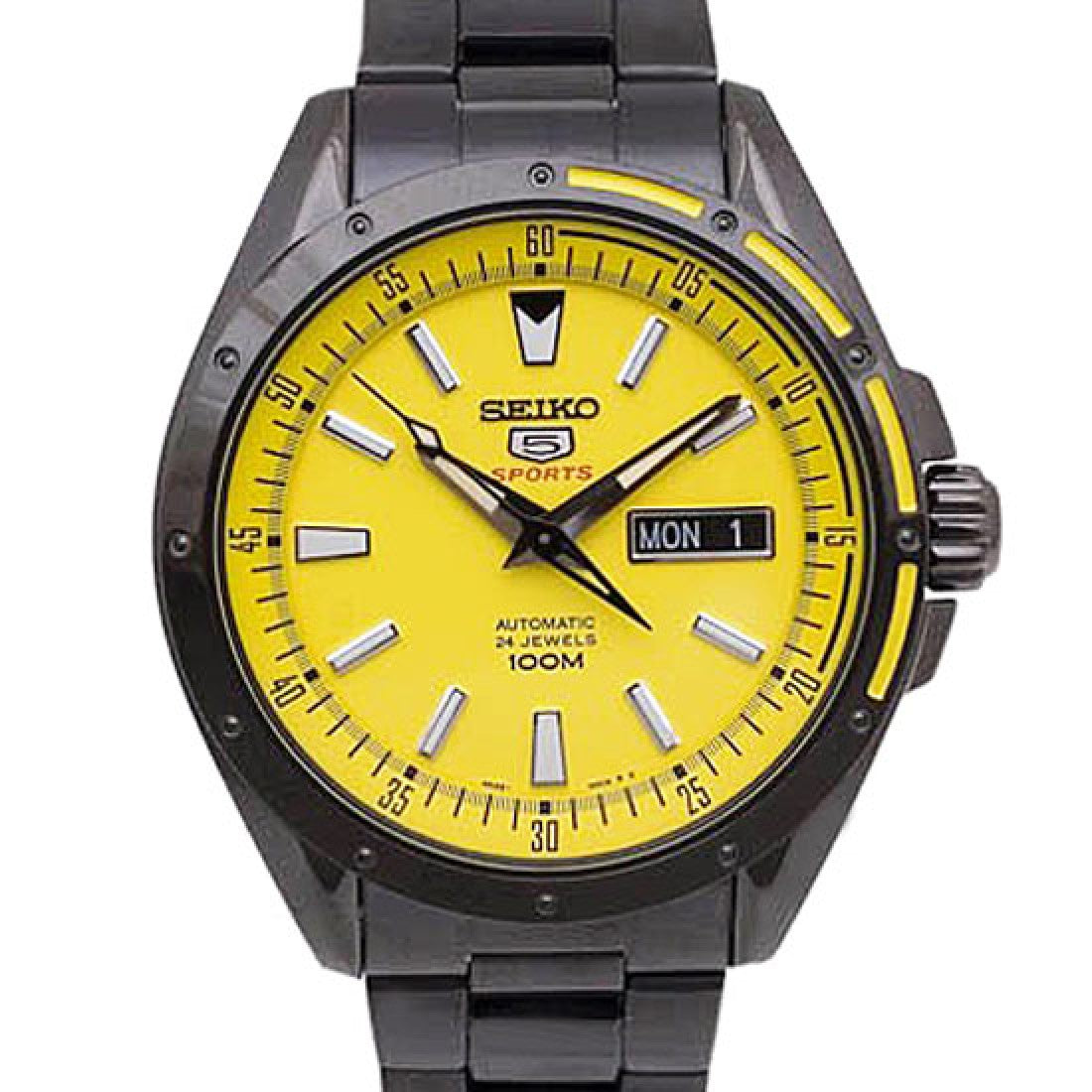 Seiko 5 Sports 100M Men's Yellow Dial Black PVD Stainless Strap Watch SRP159K1