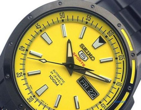 Seiko 5 Sports 100M Men's Yellow Dial Black PVD Stainless Strap Watch SRP159K1