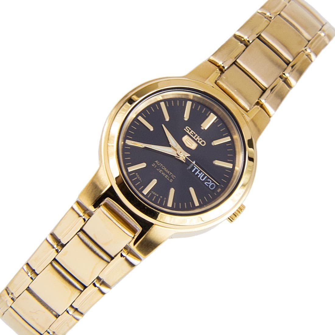 Seiko 5 Classic Ladies Size Black Dial Gold Plated Stainless Steel Strap Watch SYME48K1 - Diligence1International