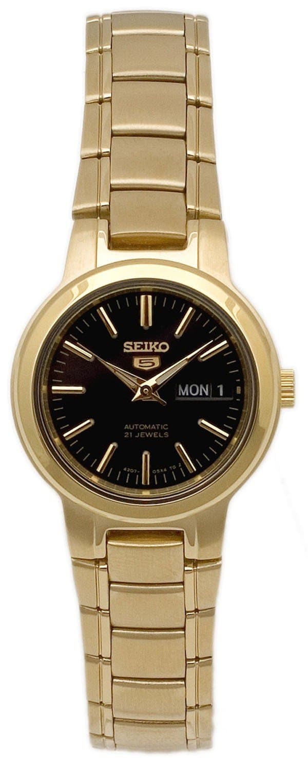 Seiko 5 Classic Ladies Size Black Dial Gold Plated Stainless Steel Strap Watch SYME48K1 - Diligence1International
