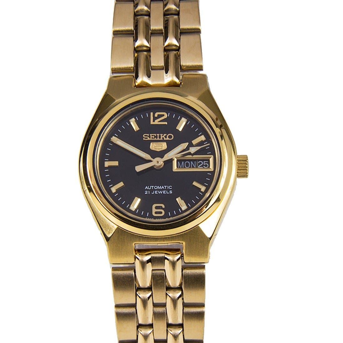 Seiko 5 Classic Ladies Size Black Dial Gold Plated Stainless Steel Strap Watch SYMK38K1 - Diligence1International