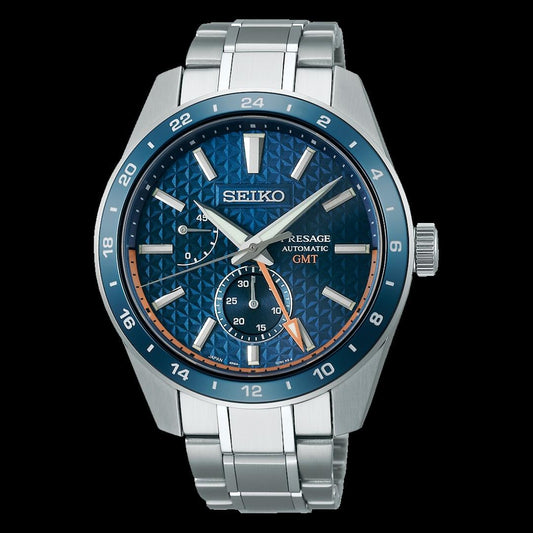 Seiko Japan Made Presage Sharp Edged Series Aitetsu Blue GMT Men's Stainless Steel Watch SPB217J1