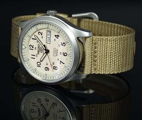 Seiko 5 Sports Military 100M Automatic Men's Watch Creme Tan Canvas Nylon Strap SNZG07K1 - Diligence1International