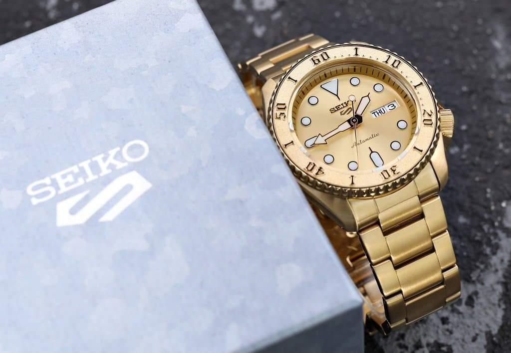 NEW Seiko 5 Sports 100M Automatic Men's Watch All Gold Plated SRPE74K1 - Diligence1International
