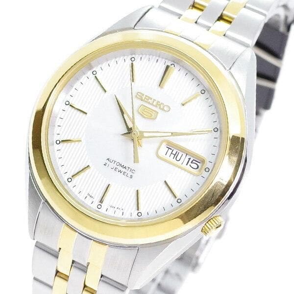 Seiko 5 Classic Mens Size Silver Dial 2 Tone Gold Plated Stainless Steel Strap Watch SNKL24K1 - Diligence1International