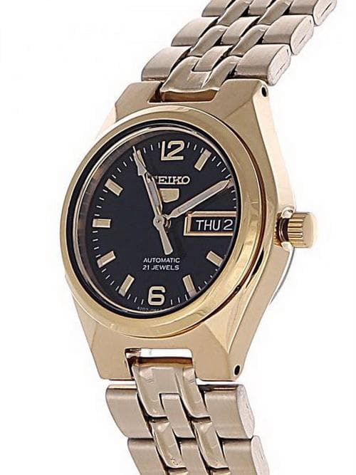 Seiko 5 Classic Ladies Size Black Dial Gold Plated Stainless Steel Strap Watch SYMK38K1 - Diligence1International
