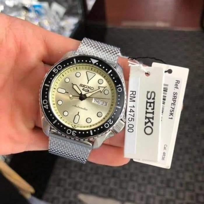 NEW Seiko 5 Sports 100M Automatic Men's Stainless Mesh Strap Watch Black Bezel Vintage Beige Dial SRPE75K1 - Diligence1International