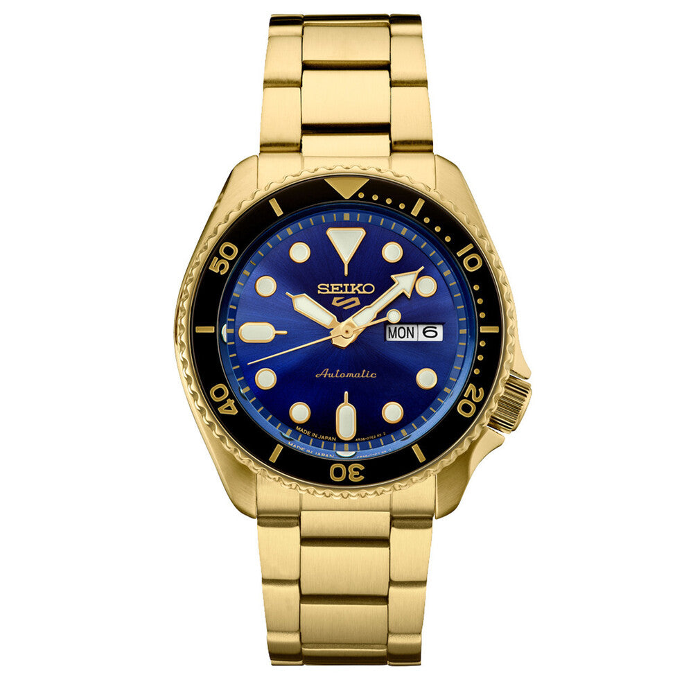 Seiko 5 Sports 100M U.S. Special Black Bezel Blue Dial Gold Plated Stainless Steel Watch SRPK20 J1