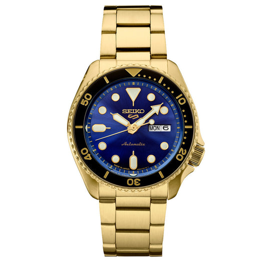 Seiko 5 Sports 100M U.S. Special Black Bezel Blue Dial Gold Plated Stainless Steel Watch SRPK20 J1