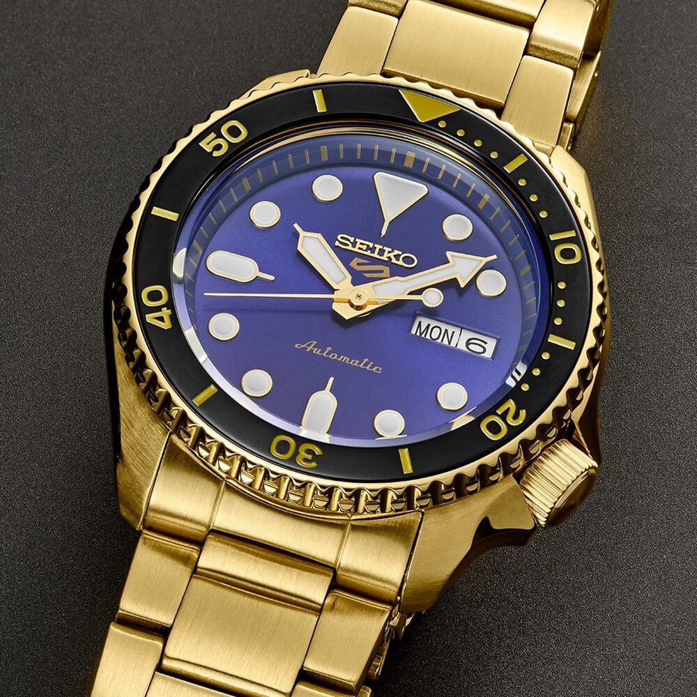 Seiko 5 Sports 100M U.S. Special Black Bezel Blue Dial Gold Plated Stainless Steel Watch SRPK20 J1