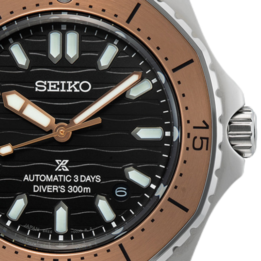 Seiko Prospex 300m Diver's Oddly Octagon Rose Gold Plated Bezel Brown Men's Stainless Steel Watch SPB485J1