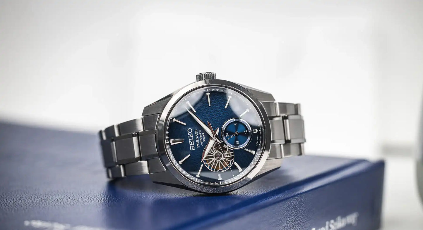 Seiko Japan Made Presage Sharp Edged Series Aitetsu Blue Open Heart Men's Stainless Steel Watch SPB417J1