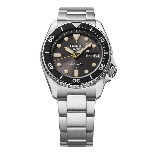 Seiko 5 Sports 100M Automatic Boy Size 38mm Watch Black Bezel Street Stonewash Dial SRPL79K1