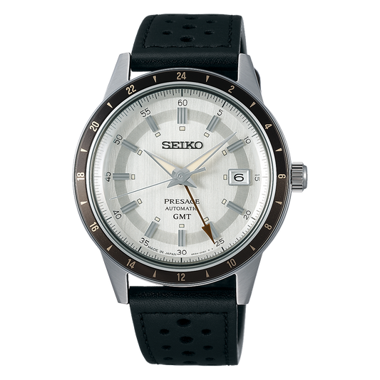 Seiko Presage Style 60 Silver Dial GMT Men's Black Leather Strap Watch SSK011J1